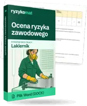 Pudełko dokumentu „Ocena ryzyka zawodowego” ze znakiem Ryzykomat i napisem „Plik Word (DOCX)” na froncie, ilustracja stanowiska „Lakiernik”; zza pudełka wystaje strona prawdziwego dokumentu z rozmytą treścią