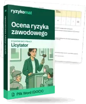 Pudełko dokumentu „Ocena ryzyka zawodowego” ze znakiem Ryzykomat i napisem „Plik Word (DOCX)” na froncie, ilustracja stanowiska „Licytator”; zza pudełka wystaje strona prawdziwego dokumentu z rozmytą treścią