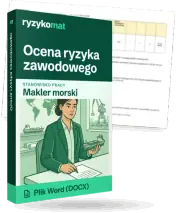 Pudełko dokumentu „Ocena ryzyka zawodowego” ze znakiem Ryzykomat i napisem „Plik Word (DOCX)” na froncie, ilustracja stanowiska „Makler morski”; zza pudełka wystaje strona prawdziwego dokumentu z rozmytą treścią