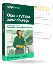 Pudełko dokumentu „Ocena ryzyka zawodowego” ze znakiem Ryzykomat i napisem „Plik Word (DOCX)” na froncie, ilustracja stanowiska „Mechanik lotniczy obsługi technicznej”; zza pudełka wystaje strona prawdziwego dokumentu z rozmytą treścią