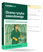 Pudełko dokumentu „Ocena ryzyka zawodowego” ze znakiem Ryzykomat i napisem „Plik Word (DOCX)” na froncie, ilustracja stanowiska „Mechanik maszyn i urządzeń górnictwa podziemnego”; zza pudełka wystaje strona prawdziwego dokumentu z rozmytą treścią