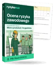 Pudełko dokumentu „Ocena ryzyka zawodowego” ze znakiem Ryzykomat i napisem „Plik Word (DOCX)” na froncie, ilustracja stanowiska „Mistrz produkcji / brygadzista”; zza pudełka wystaje strona prawdziwego dokumentu z rozmytą treścią