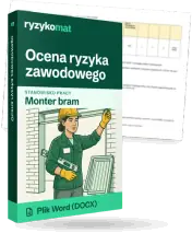 Pudełko dokumentu „Ocena ryzyka zawodowego” ze znakiem Ryzykomat i napisem „Plik Word (DOCX)” na froncie, ilustracja stanowiska „Monter bram”; zza pudełka wystaje strona prawdziwego dokumentu z rozmytą treścią
