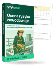 Pudełko dokumentu „Ocena ryzyka zawodowego” ze znakiem Ryzykomat i napisem „Plik Word (DOCX)” na froncie, ilustracja stanowiska „Monter instalacji fotowoltaicznych i OZE”; zza pudełka wystaje strona prawdziwego dokumentu z rozmytą treścią