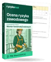 Pudełko dokumentu „Ocena ryzyka zawodowego” ze znakiem Ryzykomat i napisem „Plik Word (DOCX)” na froncie, ilustracja stanowiska „Monter konstrukcji stalowych”; zza pudełka wystaje strona prawdziwego dokumentu z rozmytą treścią