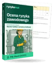 Pudełko dokumentu „Ocena ryzyka zawodowego” ze znakiem Ryzykomat i napisem „Plik Word (DOCX)” na froncie, ilustracja stanowiska „Monter kotłów i armatury kotłowej”; zza pudełka wystaje strona prawdziwego dokumentu z rozmytą treścią