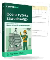 Pudełko dokumentu „Ocena ryzyka zawodowego” ze znakiem Ryzykomat i napisem „Plik Word (DOCX)” na froncie, ilustracja stanowiska „Monter maszyn i urządzeń okrętowych”; zza pudełka wystaje strona prawdziwego dokumentu z rozmytą treścią