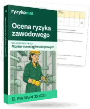 Pudełko dokumentu „Ocena ryzyka zawodowego” ze znakiem Ryzykomat i napisem „Plik Word (DOCX)” na froncie, ilustracja stanowiska „Monter rurociągów okrętowych”; zza pudełka wystaje strona prawdziwego dokumentu z rozmytą treścią