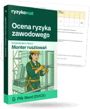 Pudełko dokumentu „Ocena ryzyka zawodowego” ze znakiem Ryzykomat i napisem „Plik Word (DOCX)” na froncie, ilustracja stanowiska „Monter rusztowań”; zza pudełka wystaje strona prawdziwego dokumentu z rozmytą treścią