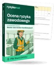 Pudełko dokumentu „Ocena ryzyka zawodowego” ze znakiem Ryzykomat i napisem „Plik Word (DOCX)” na froncie, ilustracja stanowiska „Monter sieci wodno-kanalizacyjnych”; zza pudełka wystaje strona prawdziwego dokumentu z rozmytą treścią