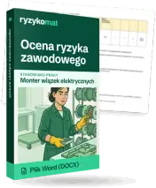 Pudełko dokumentu „Ocena ryzyka zawodowego” ze znakiem Ryzykomat i napisem „Plik Word (DOCX)” na froncie, ilustracja stanowiska „Monter wiązek elektrycznych”; zza pudełka wystaje strona prawdziwego dokumentu z rozmytą treścią