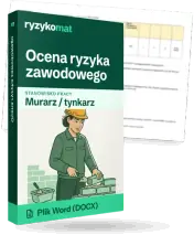 Pudełko dokumentu „Ocena ryzyka zawodowego” ze znakiem Ryzykomat i napisem „Plik Word (DOCX)” na froncie, ilustracja stanowiska „Murarz / tynkarz”; zza pudełka wystaje strona prawdziwego dokumentu z rozmytą treścią