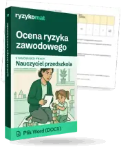 Pudełko dokumentu „Ocena ryzyka zawodowego” ze znakiem Ryzykomat i napisem „Plik Word (DOCX)” na froncie, ilustracja stanowiska „Nauczyciel przedszkola”; zza pudełka wystaje strona prawdziwego dokumentu z rozmytą treścią