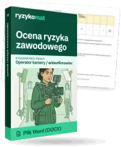 Pudełko dokumentu „Ocena ryzyka zawodowego” ze znakiem Ryzykomat i napisem „Plik Word (DOCX)” na froncie, ilustracja stanowiska „Operator kamery / wideofilmowiec”; zza pudełka wystaje strona prawdziwego dokumentu z rozmytą treścią