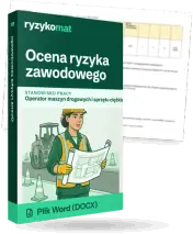 Pudełko dokumentu „Ocena ryzyka zawodowego” ze znakiem Ryzykomat i napisem „Plik Word (DOCX)” na froncie, ilustracja stanowiska „Operator maszyn drogowych i sprzętu ciężkiego”; zza pudełka wystaje strona prawdziwego dokumentu z rozmytą treścią