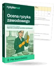 Pudełko dokumentu „Ocena ryzyka zawodowego” ze znakiem Ryzykomat i napisem „Plik Word (DOCX)” na froncie, ilustracja stanowiska „Operator produkcji wyrobów tytoniowych”; zza pudełka wystaje strona prawdziwego dokumentu z rozmytą treścią