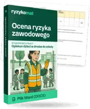 Pudełko dokumentu „Ocena ryzyka zawodowego” ze znakiem Ryzykomat i napisem „Plik Word (DOCX)” na froncie, ilustracja stanowiska „Opiekun dzieci w drodze do szkoły”; zza pudełka wystaje strona prawdziwego dokumentu z rozmytą treścią