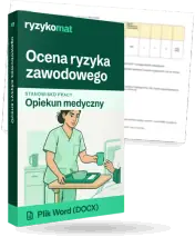 Pudełko dokumentu „Ocena ryzyka zawodowego” ze znakiem Ryzykomat i napisem „Plik Word (DOCX)” na froncie, ilustracja stanowiska „Opiekun medyczny”; zza pudełka wystaje strona prawdziwego dokumentu z rozmytą treścią