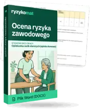 Pudełko dokumentu „Ocena ryzyka zawodowego” ze znakiem Ryzykomat i napisem „Plik Word (DOCX)” na froncie, ilustracja stanowiska „Opiekunka osób starszych (opieka domowa)”; zza pudełka wystaje strona prawdziwego dokumentu z rozmytą treścią
