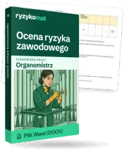 Pudełko dokumentu „Ocena ryzyka zawodowego” ze znakiem Ryzykomat i napisem „Plik Word (DOCX)” na froncie, ilustracja stanowiska „Organomistrz”; zza pudełka wystaje strona prawdziwego dokumentu z rozmytą treścią