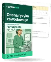 Pudełko dokumentu „Ocena ryzyka zawodowego” ze znakiem Ryzykomat i napisem „Plik Word (DOCX)” na froncie, ilustracja stanowiska „Perfuzjonista”; zza pudełka wystaje strona prawdziwego dokumentu z rozmytą treścią
