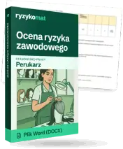 Pudełko dokumentu „Ocena ryzyka zawodowego” ze znakiem Ryzykomat i napisem „Plik Word (DOCX)” na froncie, ilustracja stanowiska „Perukarz”; zza pudełka wystaje strona prawdziwego dokumentu z rozmytą treścią
