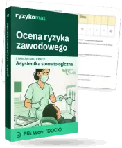 Pudełko dokumentu „Ocena ryzyka zawodowego” ze znakiem Ryzykomat i napisem „Plik Word (DOCX)” na froncie, ilustracja stanowiska „Asystentka stomatologiczna”; zza pudełka wystaje strona prawdziwego dokumentu z rozmytą treścią