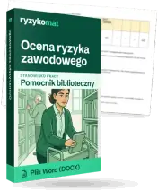 Pudełko dokumentu „Ocena ryzyka zawodowego” ze znakiem Ryzykomat i napisem „Plik Word (DOCX)” na froncie, ilustracja stanowiska „Pomocnik biblioteczny”; zza pudełka wystaje strona prawdziwego dokumentu z rozmytą treścią