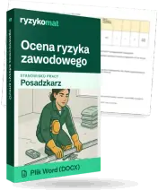 Pudełko dokumentu „Ocena ryzyka zawodowego” ze znakiem Ryzykomat i napisem „Plik Word (DOCX)” na froncie, ilustracja stanowiska „Posadzkarz”; zza pudełka wystaje strona prawdziwego dokumentu z rozmytą treścią