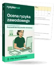 Pudełko dokumentu „Ocena ryzyka zawodowego” ze znakiem Ryzykomat i napisem „Plik Word (DOCX)” na froncie, ilustracja stanowiska „Pracownik biurowy (monitor ekranowy)”; zza pudełka wystaje strona prawdziwego dokumentu z rozmytą treścią