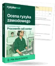 Pudełko dokumentu „Ocena ryzyka zawodowego” ze znakiem Ryzykomat i napisem „Plik Word (DOCX)” na froncie, ilustracja stanowiska „Pracownik call center”; zza pudełka wystaje strona prawdziwego dokumentu z rozmytą treścią
