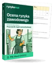 Pudełko dokumentu „Ocena ryzyka zawodowego” ze znakiem Ryzykomat i napisem „Plik Word (DOCX)” na froncie, ilustracja stanowiska „Pracownik myjni samochodowej”; zza pudełka wystaje strona prawdziwego dokumentu z rozmytą treścią