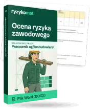 Pudełko dokumentu „Ocena ryzyka zawodowego” ze znakiem Ryzykomat i napisem „Plik Word (DOCX)” na froncie, ilustracja stanowiska „Pracownik ogólnobudowlany”; zza pudełka wystaje strona prawdziwego dokumentu z rozmytą treścią