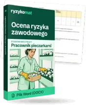 Pudełko dokumentu „Ocena ryzyka zawodowego” ze znakiem Ryzykomat i napisem „Plik Word (DOCX)” na froncie, ilustracja stanowiska „Pracownik pieczarkarni”; zza pudełka wystaje strona prawdziwego dokumentu z rozmytą treścią