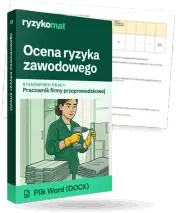 Pudełko dokumentu „Ocena ryzyka zawodowego” ze znakiem Ryzykomat i napisem „Plik Word (DOCX)” na froncie, ilustracja stanowiska „Pracownik firmy przeprowadzkowej”; zza pudełka wystaje strona prawdziwego dokumentu z rozmytą treścią