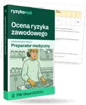 Pudełko dokumentu „Ocena ryzyka zawodowego” ze znakiem Ryzykomat i napisem „Plik Word (DOCX)” na froncie, ilustracja stanowiska „Preparator medyczny”; zza pudełka wystaje strona prawdziwego dokumentu z rozmytą treścią