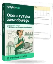 Pudełko dokumentu „Ocena ryzyka zawodowego” ze znakiem Ryzykomat i napisem „Plik Word (DOCX)” na froncie, ilustracja stanowiska „Projektant wzornictwa przemysłowego”; zza pudełka wystaje strona prawdziwego dokumentu z rozmytą treścią