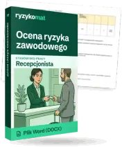 Pudełko dokumentu „Ocena ryzyka zawodowego” ze znakiem Ryzykomat i napisem „Plik Word (DOCX)” na froncie, ilustracja stanowiska „Recepcjonista”; zza pudełka wystaje strona prawdziwego dokumentu z rozmytą treścią