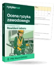 Pudełko dokumentu „Ocena ryzyka zawodowego” ze znakiem Ryzykomat i napisem „Plik Word (DOCX)” na froncie, ilustracja stanowiska „Rewident taboru”; zza pudełka wystaje strona prawdziwego dokumentu z rozmytą treścią