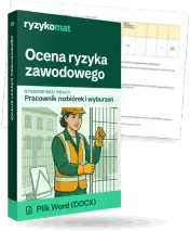 Pudełko dokumentu „Ocena ryzyka zawodowego” ze znakiem Ryzykomat i napisem „Plik Word (DOCX)” na froncie, ilustracja stanowiska „Pracownik rozbiórek i wyburzeń”; zza pudełka wystaje strona prawdziwego dokumentu z rozmytą treścią