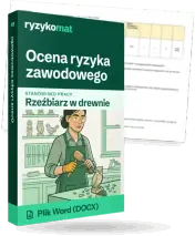 Pudełko dokumentu „Ocena ryzyka zawodowego” ze znakiem Ryzykomat i napisem „Plik Word (DOCX)” na froncie, ilustracja stanowiska „Rzeźbiarz w drewnie”; zza pudełka wystaje strona prawdziwego dokumentu z rozmytą treścią