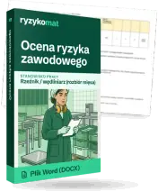 Pudełko dokumentu „Ocena ryzyka zawodowego” ze znakiem Ryzykomat i napisem „Plik Word (DOCX)” na froncie, ilustracja stanowiska „Rzeźnik / wędliniarz (rozbiór mięsa)”; zza pudełka wystaje strona prawdziwego dokumentu z rozmytą treścią