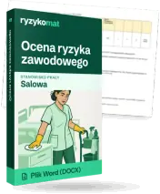 Pudełko dokumentu „Ocena ryzyka zawodowego” ze znakiem Ryzykomat i napisem „Plik Word (DOCX)” na froncie, ilustracja stanowiska „Salowa”; zza pudełka wystaje strona prawdziwego dokumentu z rozmytą treścią