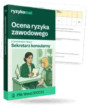 Pudełko dokumentu „Ocena ryzyka zawodowego” ze znakiem Ryzykomat i napisem „Plik Word (DOCX)” na froncie, ilustracja stanowiska „Sekretarz konsularny”; zza pudełka wystaje strona prawdziwego dokumentu z rozmytą treścią