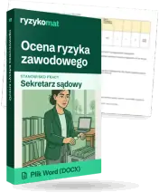 Pudełko dokumentu „Ocena ryzyka zawodowego” ze znakiem Ryzykomat i napisem „Plik Word (DOCX)” na froncie, ilustracja stanowiska „Sekretarz sądowy”; zza pudełka wystaje strona prawdziwego dokumentu z rozmytą treścią