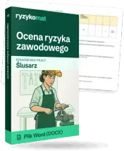 Pudełko dokumentu „Ocena ryzyka zawodowego” ze znakiem Ryzykomat i napisem „Plik Word (DOCX)” na froncie, ilustracja stanowiska „Ślusarz”; zza pudełka wystaje strona prawdziwego dokumentu z rozmytą treścią