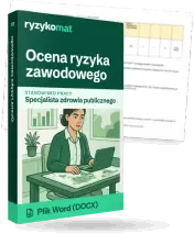 Pudełko dokumentu „Ocena ryzyka zawodowego” ze znakiem Ryzykomat i napisem „Plik Word (DOCX)” na froncie, ilustracja stanowiska „Specjalista zdrowia publicznego”; zza pudełka wystaje strona prawdziwego dokumentu z rozmytą treścią