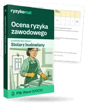 Pudełko dokumentu „Ocena ryzyka zawodowego” ze znakiem Ryzykomat i napisem „Plik Word (DOCX)” na froncie, ilustracja stanowiska „Stolarz budowlany”; zza pudełka wystaje strona prawdziwego dokumentu z rozmytą treścią