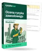 Pudełko dokumentu „Ocena ryzyka zawodowego” ze znakiem Ryzykomat i napisem „Plik Word (DOCX)” na froncie, ilustracja stanowiska „Studniarz”; zza pudełka wystaje strona prawdziwego dokumentu z rozmytą treścią