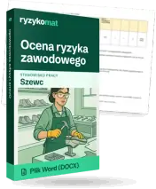 Pudełko dokumentu „Ocena ryzyka zawodowego” ze znakiem Ryzykomat i napisem „Plik Word (DOCX)” na froncie, ilustracja stanowiska „Szewc”; zza pudełka wystaje strona prawdziwego dokumentu z rozmytą treścią